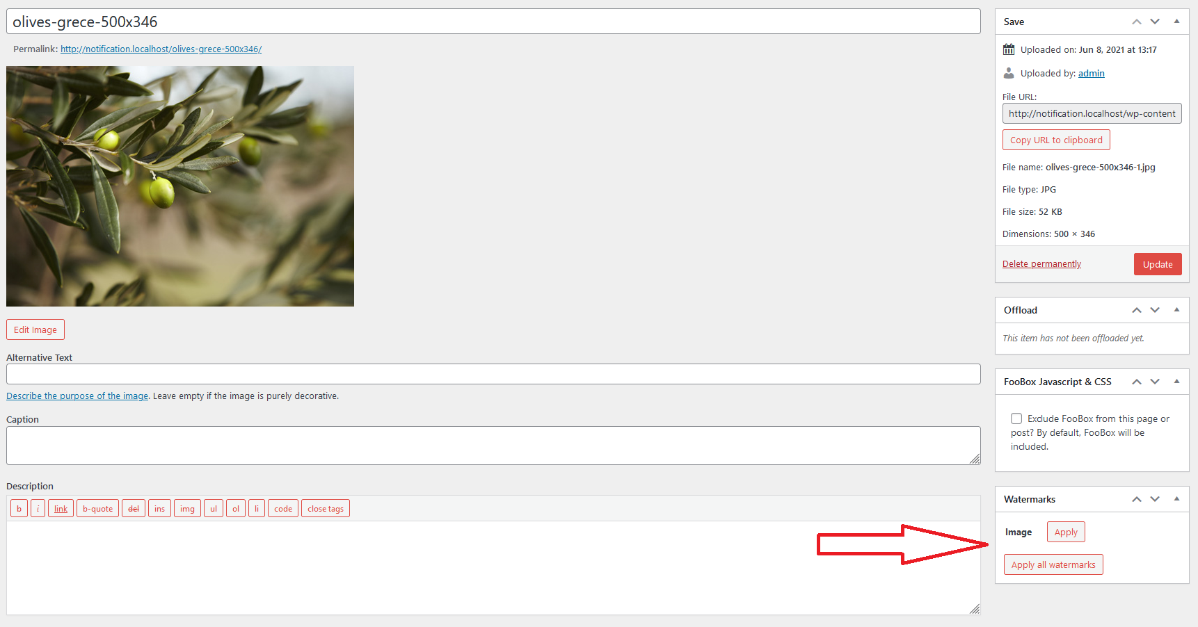 Easy Watermark controls box in WordPress attachment details