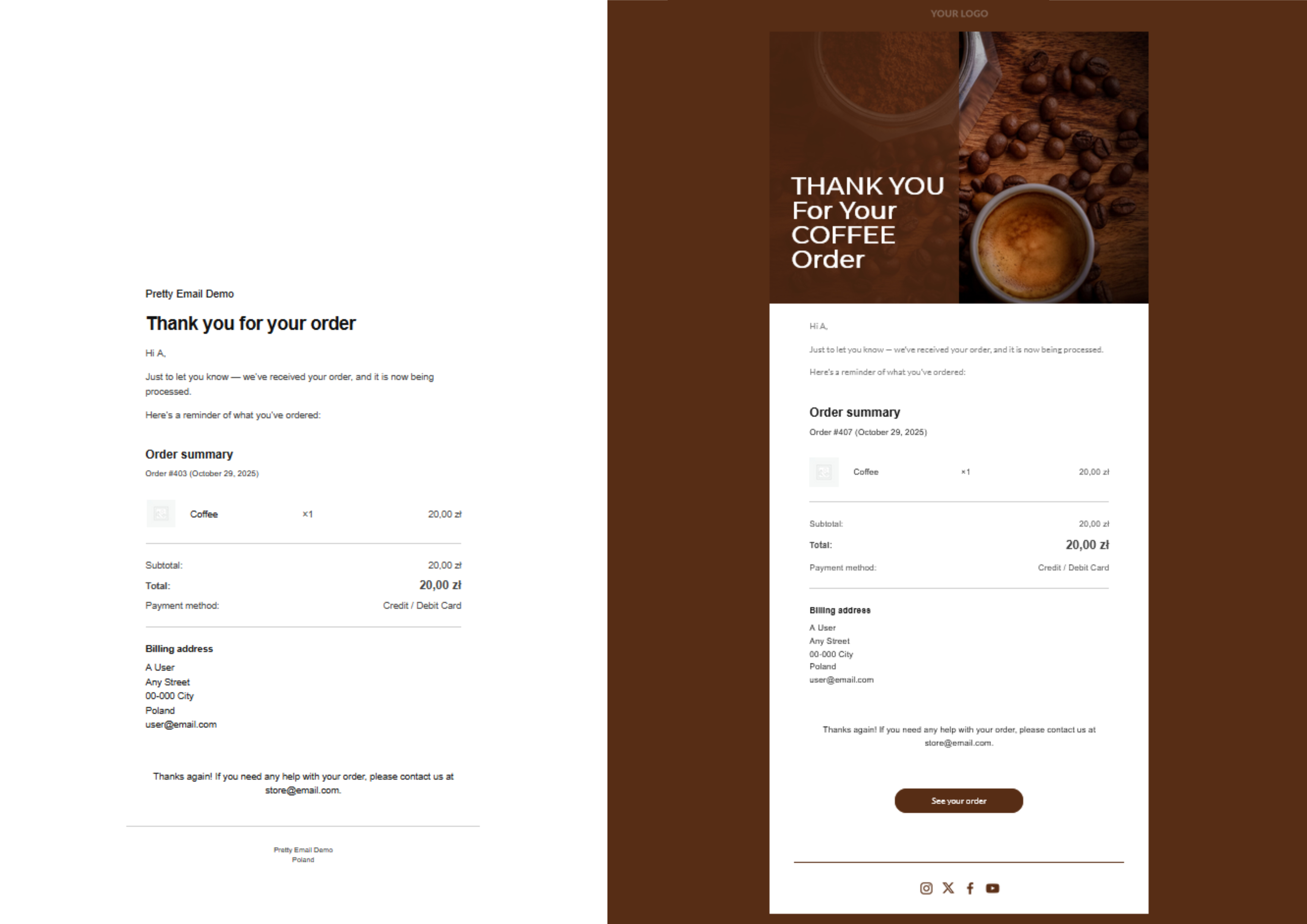 Before and after comparison of WooCommerce emails with Pretty Email templates