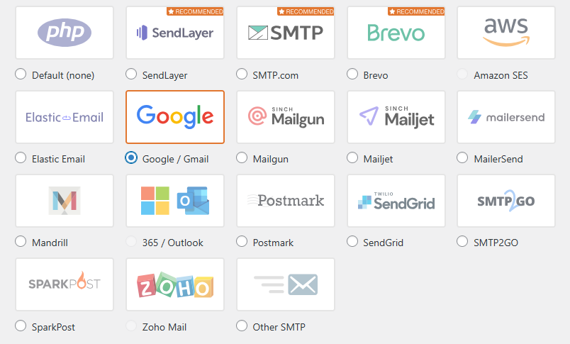 WP Mail SMTP provider selection interface